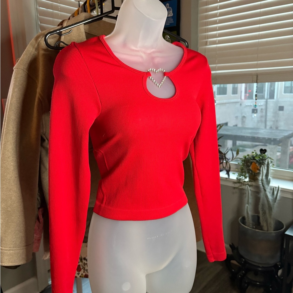 Vibrant Red Long Sleeve Top with Heart Cut-Out